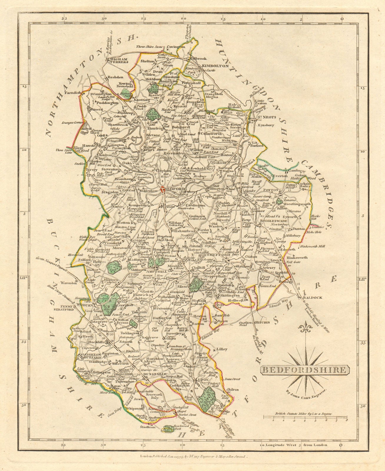 Antique county map of BEDFORDSHIRE by JOHN CARY. Original outline colour 1793
